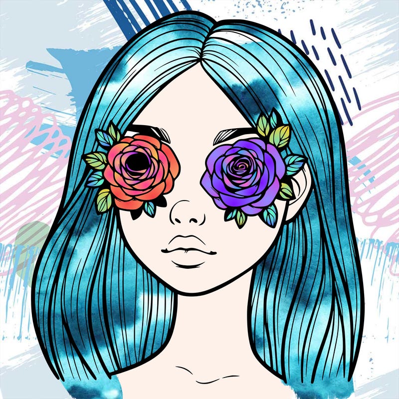 a realistic girl with roses for eyes