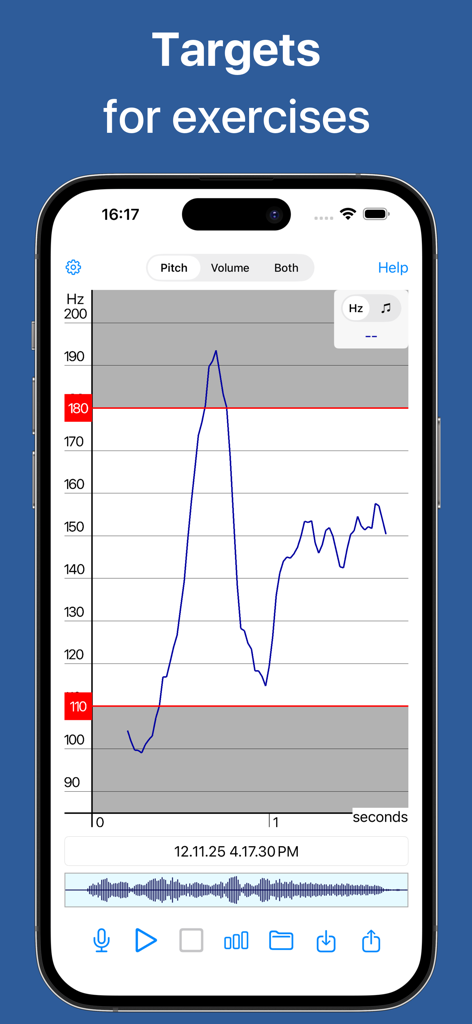 Aplicativo Voice Analyst exibindo um gráfico de tom em tempo real em Hertz com linhas horizontais vermelhas de meta para exercícios vocais em uma tela de smartphone.