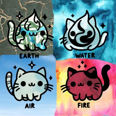 4 cats that represent the different elements, earth, water, air, and fire