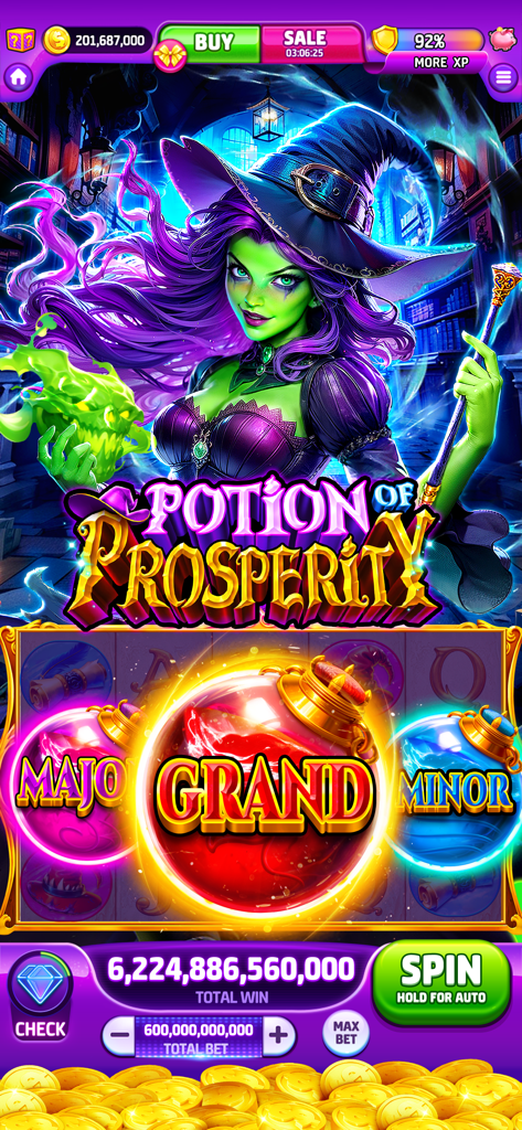 Gameplay of Potion of Prosperity slot machine in Cash Tornado Slots featuring a witch character and grand jackpot orbs