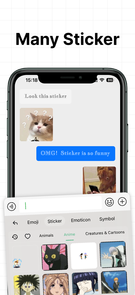 Keyboard Fonts - Font Art - Una interfaz de chat que utiliza la aplicación Fuentes de Teclado con texto estilizado y una selección de teclado de stickers de anime.