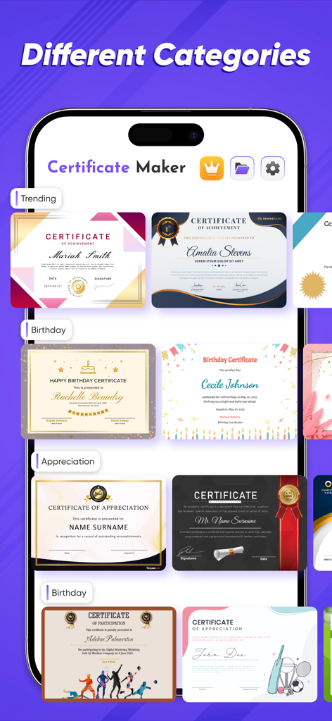 Certificate Maker :Party Card - A mobile phone screen displaying various certificate categories including Trending, Birthday, and Appreciation with several professional template designs.