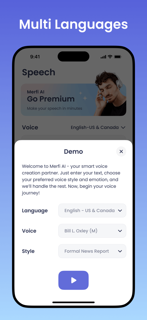 Merfi AI: Text to Speech, TTS - Merfi AI mobile app interface showing a demo screen with language, voice, and style selection for text to speech.
