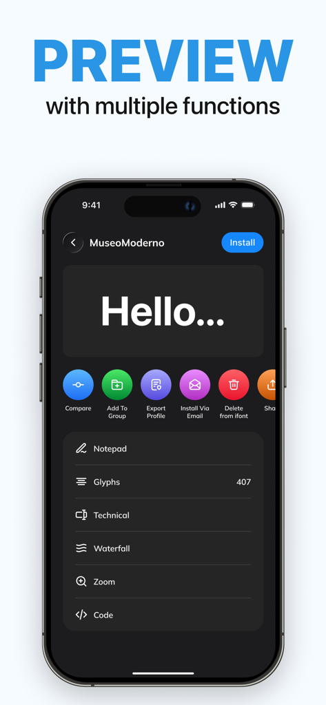 Install Font - Fonts Installer - Un smartphone mostrando la vista previa de la fuente MuseoModerno con opciones de instalación y detalles técnicos en la app Fontsia.