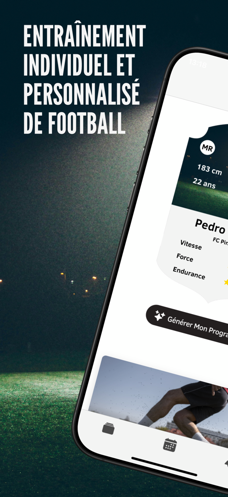 Coachr : Entrainement Football - Aplicativo de treino de futebol personalizado mostrando perfil do jogador e estatísticas de desempenho