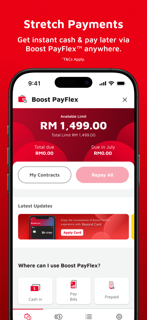 Boost App Malaysia PayFlex screen showing available credit limit and buy now pay later options