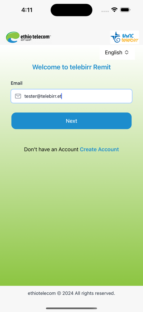 telebirr Remit - Login screen for telebirr Remit app by Ethio telecom featuring email input and next button