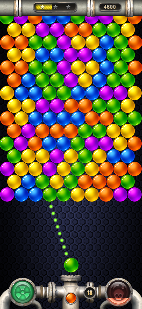 A bubble shooter gameplay screen showing a grid of colorful balls and an aiming line