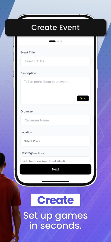 Mobile app interface for creating a sports event with form fields for title, description, and location.