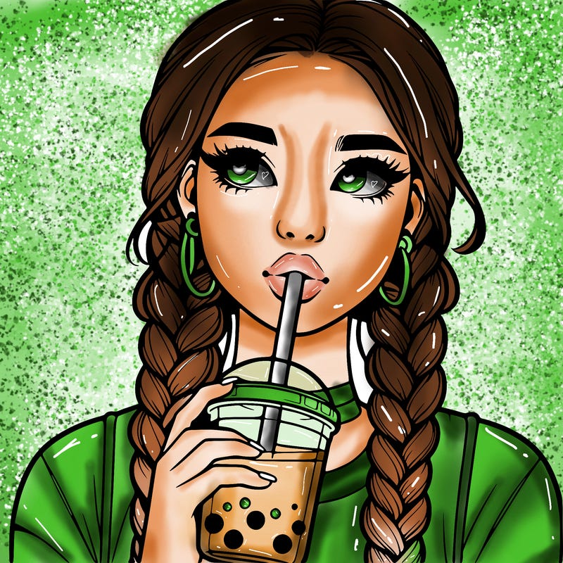 realistic girl with braided hair drinking boba