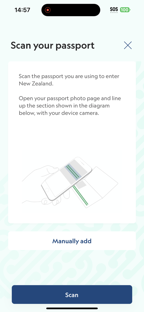 NZTD - Interfaccia dell'app NZTD che mostra la funzione di scansione del passaporto per la Dichiarazione del Viaggiatore della Nuova Zelanda.