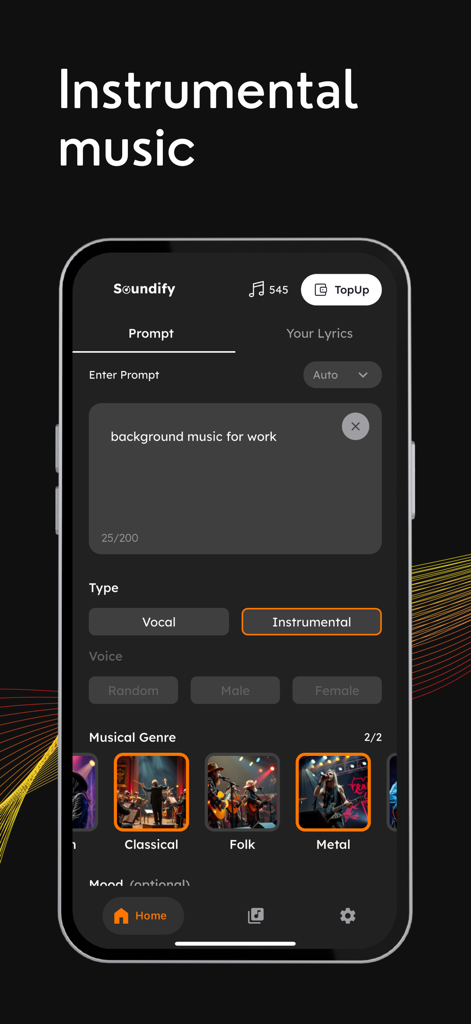 Soundify - AI Song Maker - Soundify app interface showing the creation of instrumental music from a text prompt.
