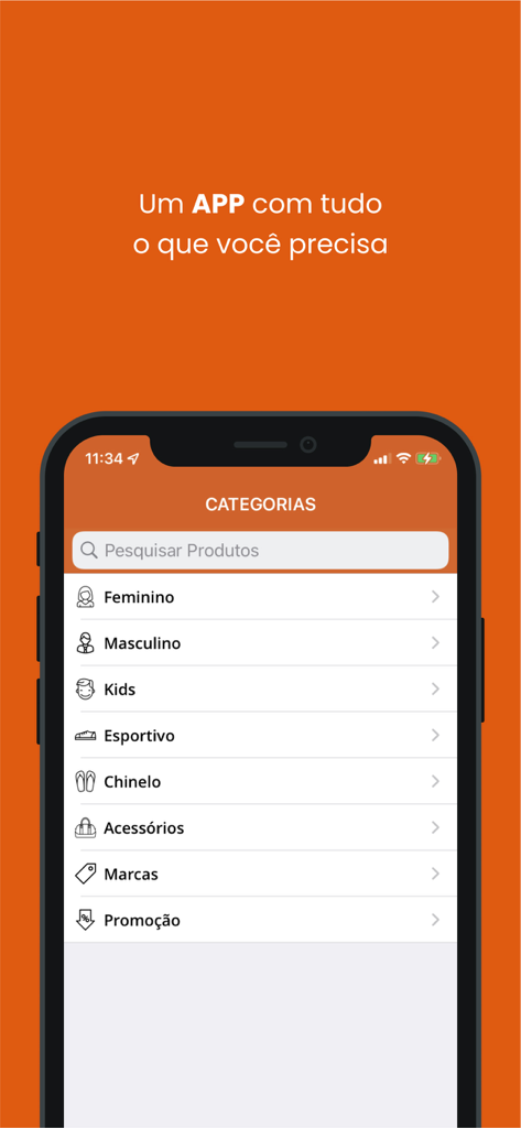 Sapataria Nova mobile app interface displaying shopping categories for footwear and accessories