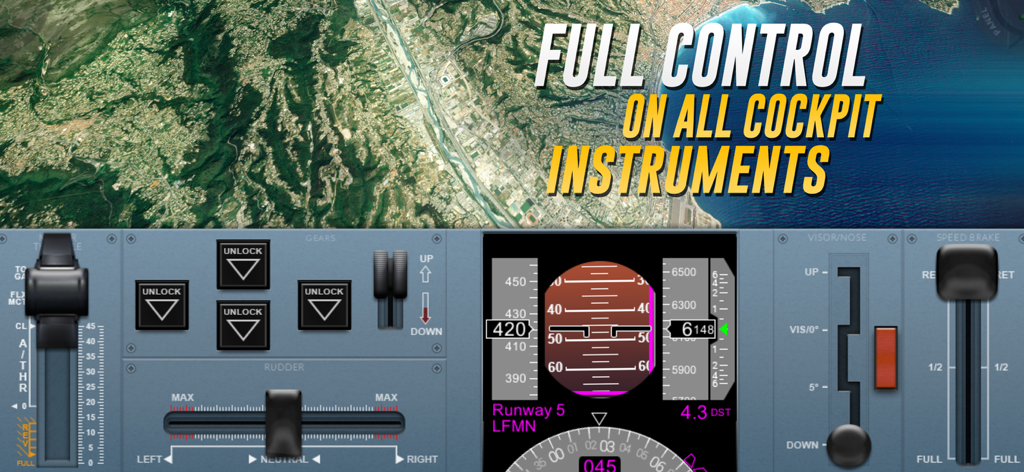 Pannello strumenti e controlli di volo dettagliati della cabina di pilotaggio di un aereo in Extreme Landings