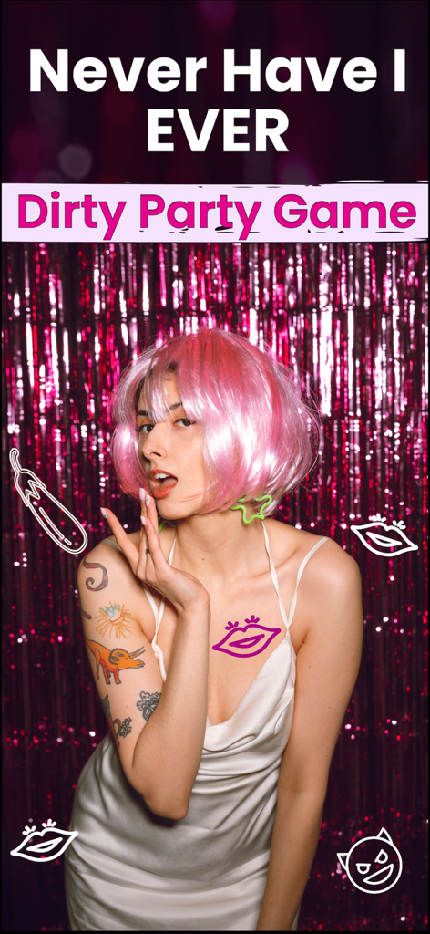 Never Have I Ever ~ Dirty Game - Pantalla de portada del juego de fiesta sucio Never Have I Ever con una mujer de pelo rosa en un ambiente de fiesta