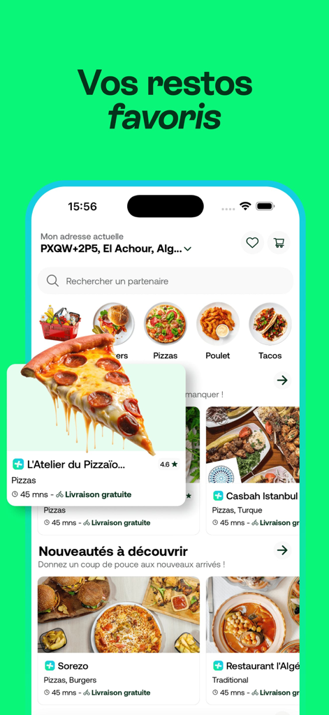 Screenshot of the Fast app showing restaurant listings food categories and free delivery options in Algiers
