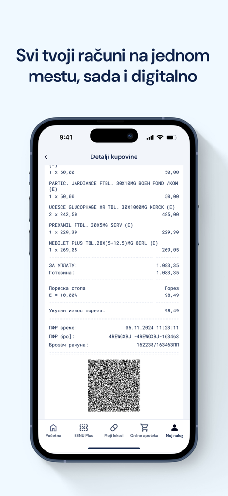 Factura de farmacia digital que se muestra en un smartphone dentro de la aplicación BENU Apoteka