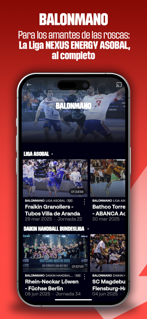 LALIGA+ Live Sports - LALIGA plus app interface displaying live and upcoming handball matches
