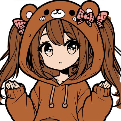 cute anime girl with ponytails and a cute bear hoodie