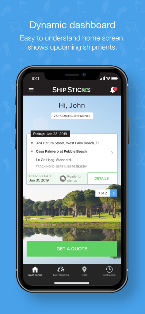 Ship Sticks - Ship Sticks app dashboard showing an upcoming golf club shipment to Pebble Beach