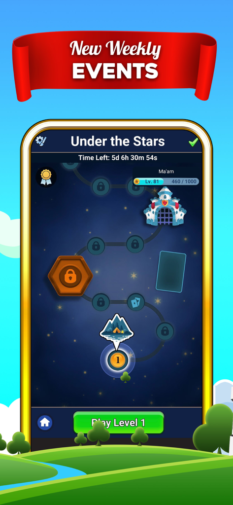 A mobile game screen showing the Under the Stars weekly event map with level progression in Castle Solitaire.
