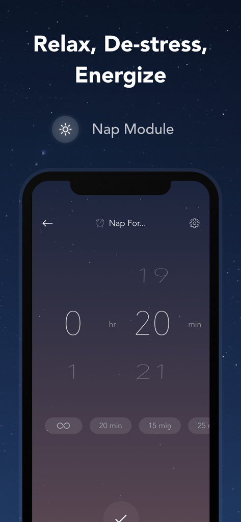 Pzizz - Sleep, Nap, Focus - Interfaz del módulo Nap de la aplicación Pzizz que muestra un temporizador configurado para una siesta energética de veinte minutos