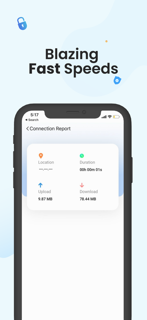 Interface mobile d'IvacyVPN affichant un rapport de connexion avec les statistiques de vitesse de téléchargement et d'envoi.