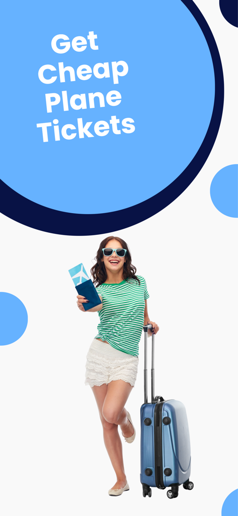 Ein glücklicher Reisender mit einem blauen Koffer und einer Bordkarte, die günstige Flugtickets auf der Avia.ge-App bewerben