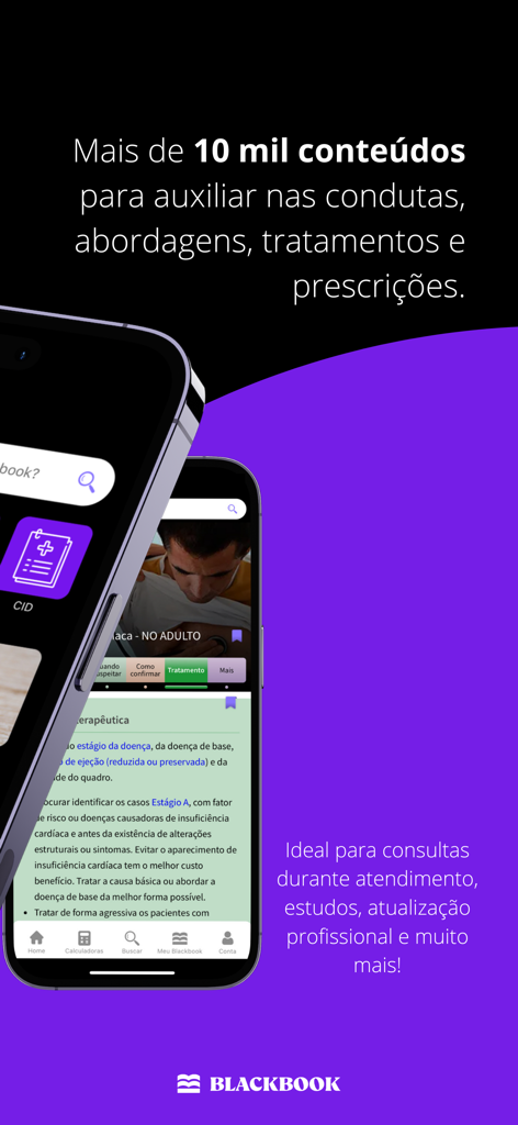 Blackbook: Decisões Clínicas - Blackbook app interface on smartphones showing medical guidelines and treatment details.