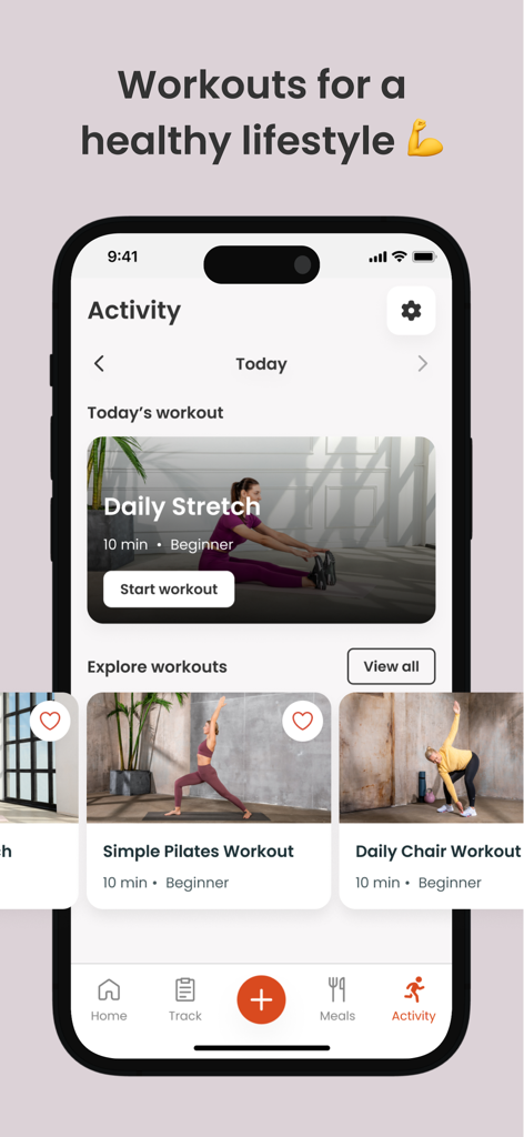 Écran d'activité de l'application MyBody montrant des recommandations quotidiennes d'exercices d'étirement et de Pilates pour débutants.