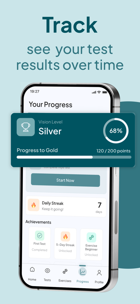 Eye Test & Vision Checker - Panel de la aplicación móvil mostrando el seguimiento de resultados de pruebas de visión y logros de progreso