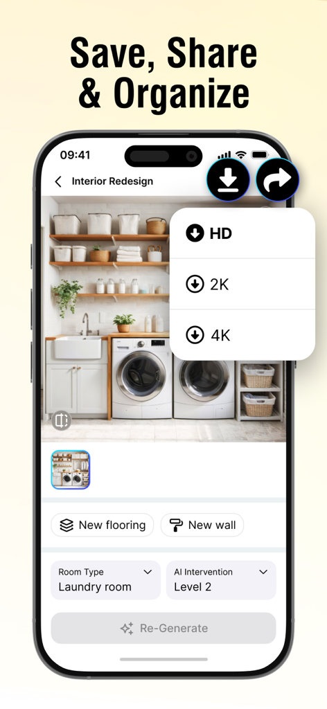 A smartphone screen displaying the DECOZY app with high-quality export options for a redesigned laundry room.