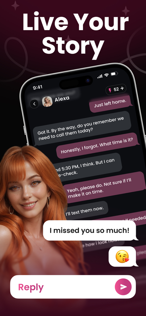 Mobile phone screen showing a chat conversation with a red haired AI soulmate character in the LaMi app