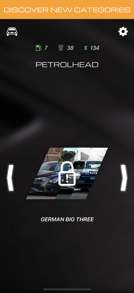 Petrolhead: Car Quiz - Petrolhead Car Quiz category selection screen with a locked German Big Three level