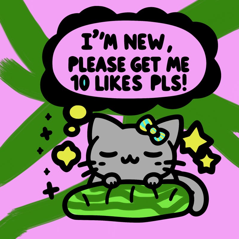 kitty taking a nap dream talking and saying "i'm new, please get me at least 10 likes pls!!"