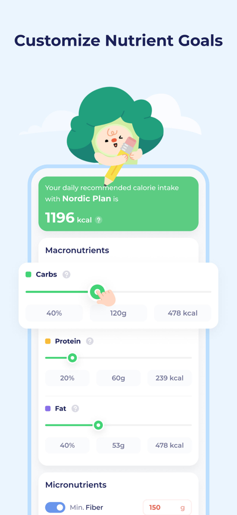 DietBuddy - AI Food Tracker - DietBuddy app screen for customizing daily nutrient goals including carbs, protein, and fat with a cute broccoli mascot.