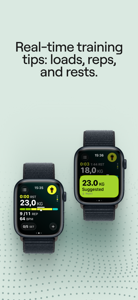 Enode - Two Apple Watches showing the Enode app interface with real-time feedback on weight, repetitions, and rest intervals.