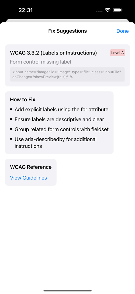 A mobile screen displaying detailed fix suggestions for WCAG 3.3.2 accessibility compliance regarding missing form control labels.