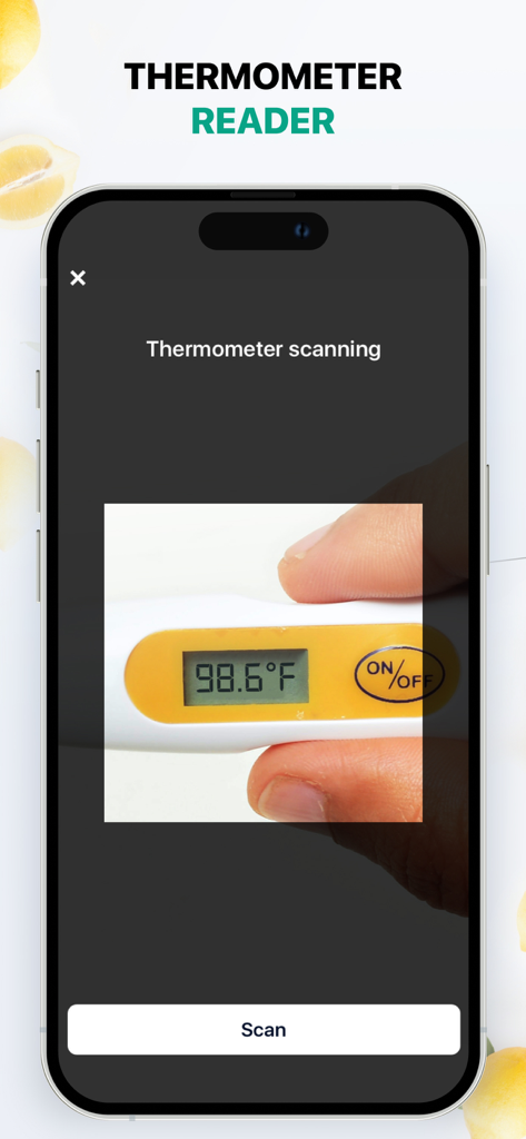 Thermo: Temperature Check In - Smartphone screen using the thermometer reader feature to scan a digital thermometer reading 98.6 degrees.