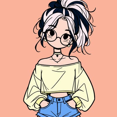 girl with a messy ponytail glasses a baggy crop top and jean shorts