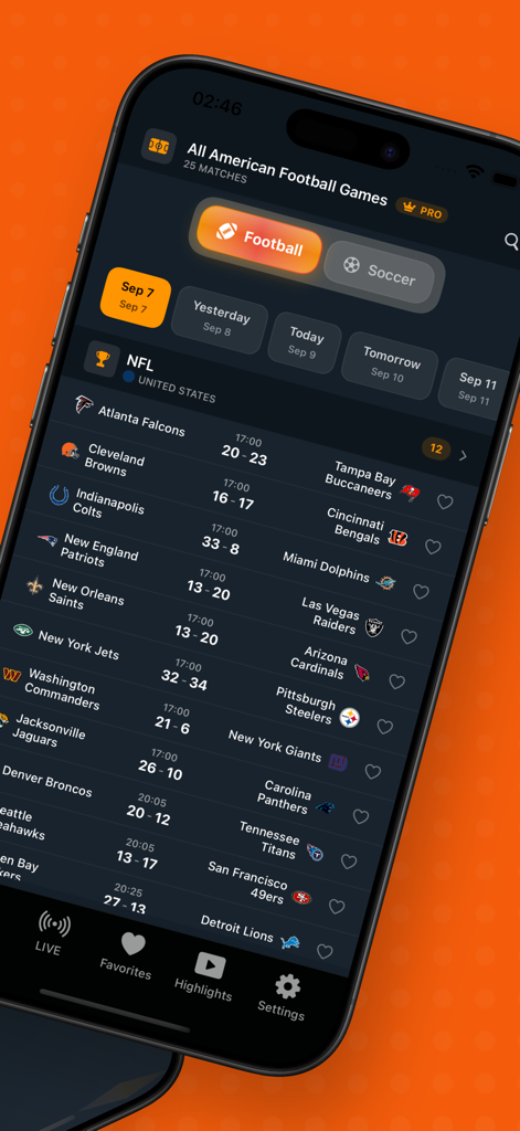 The Dofu - Live Sports Scores - Pantalla móvil de la aplicación The Dofu mostrando puntuaciones de la NFL en vivo y horarios de partidos.