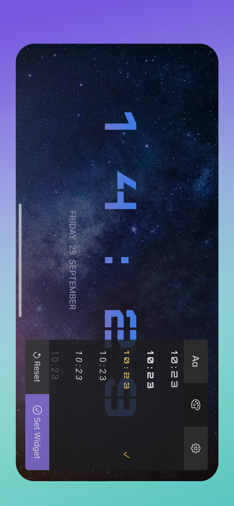 OnClock - Widget - Prévia da personalização da fonte do relógio e do fundo no aplicativo de widget OnClock