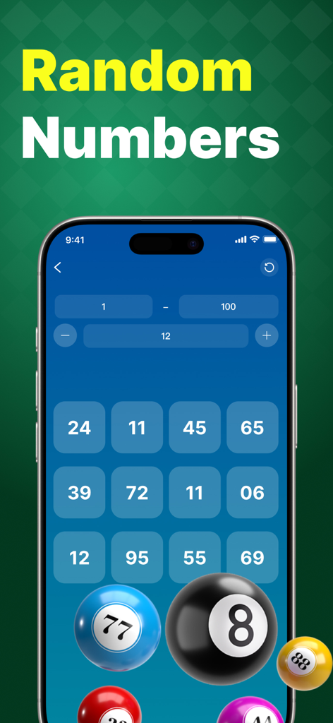 GK Decision Wheel app screen showing a random number picker with a grid of generated numbers and colorful pool ball graphics.