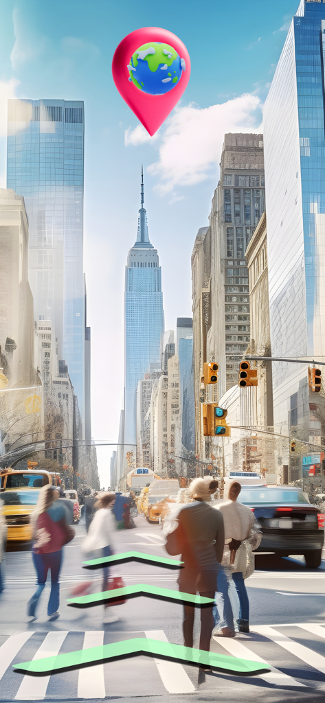 Tracking Maps Max+ - A pink map pin with a globe icon floating over a busy city street with navigation arrows on the ground