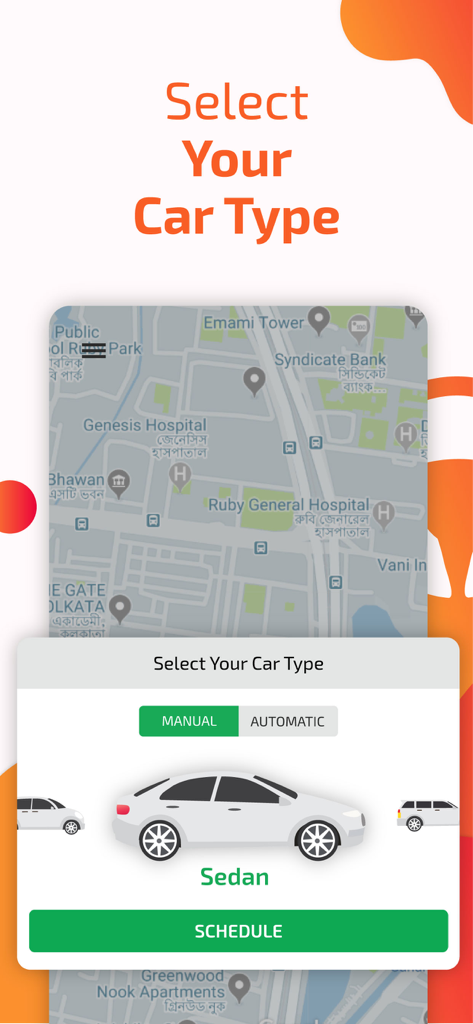 Drivers4Me - Get Car Drivers - Drivers4Me mobile app interface showing car type selection for sedan and transmission type before scheduling a driver