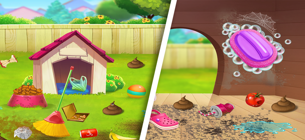 Home CleanUp - Keep Home Clean - 子供向けのお掃除ゲームで、散らかった犬小屋エリアと壁をこするスポンジが表示された庭の掃除画面