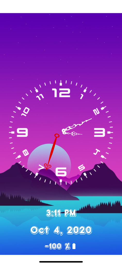 Loud Alarm Clock: Wake up Call - Esfera de reloj analógica sobre un fondo de paisaje de montaña que muestra la fecha y el estado de la batería