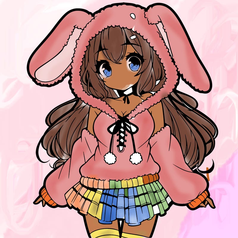 pretty anime girl wearing a fluffy hoodie with bunny ears on the hood and a skirt