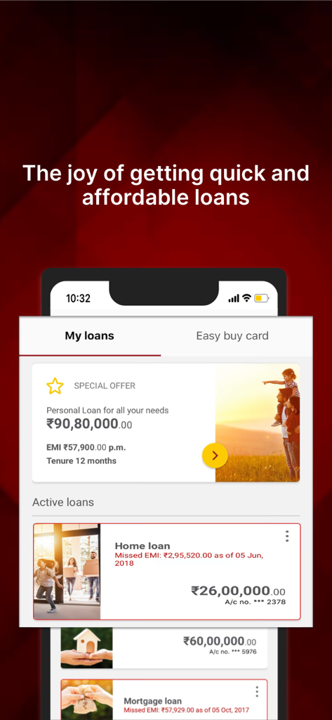 Tela do aplicativo móvel IDFC FIRST Bank exibindo opções de gerenciamento de empréstimos pessoais, imobiliários e hipotecários