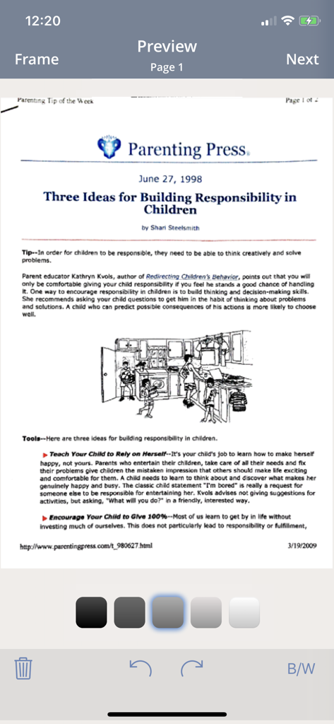 Interfaccia di TurboScan Pro che mostra l'anteprima di un documento scansionato con strumenti di modifica.